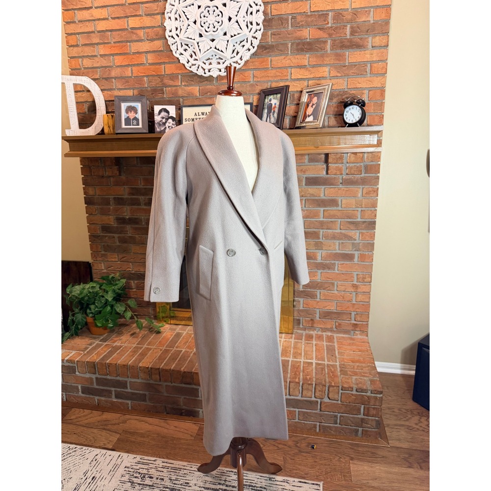 Jones New York Wool Overcoat Women Taupe Vintage 90s Double Breasted Long Coat L